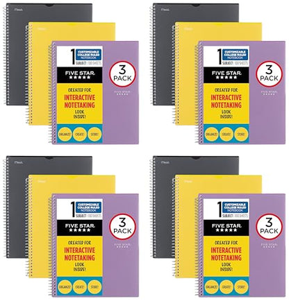Five Star Interactive Notetaking Spiral Notebooks, 12 Pack, 1-Subject, College Ruled Paper, 11" x 8-1/2", 100 Sheets, Customizable Cover, Black, Amethyst Purple, Harvest Yellow (820196-ECM) - color: Black, Purple, Yellow, size: 3 Count (Pack of 4)
