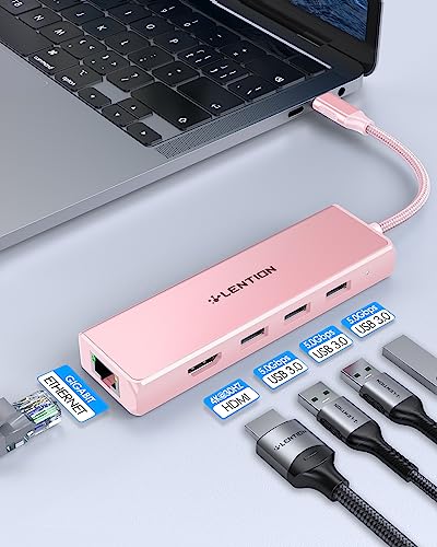 LENTION USB C Hub with Gigabit Ethernet Adapter, 4K HDMI, 3 USB 3.0 Port for MacBook Pro, New Mac Air, Surface, Chromebook, More, Stable Driver Certified (CB-C25, Rose Gold)