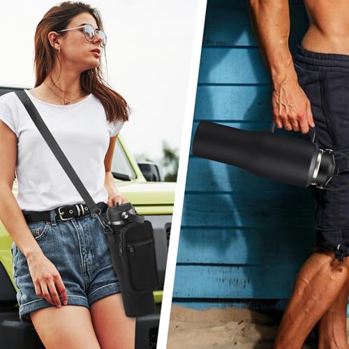 Stainless Steel Water Bottles 40oz - Insulated Water Bottle with Straw, Strap Carrier Bag & Protective Boot, Tumbler with Handle for Car, Office, Gym - color: Black, size: 32 ounces with handle