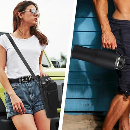Stainless Steel Water Bottles 40oz - Insulated Water Bottle with Straw, Strap Carrier Bag & Protective Boot, Tumbler with Handle for Car, Office, Gym - color: Black, size: 32 ounces with handle