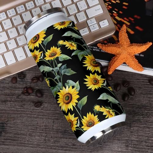 Spring Floral 10oz Stainless Steel Tumbler with Lid & Straw-Double Wall Vacuum Insulated Travel Mug Flowers Yellow Sunflowers Green Leaf Black Back Water Bottle Coffee Beverage Drinks Cup - size: 10 Ounces