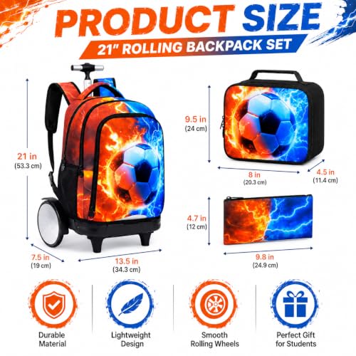 gxtvo Large Wheels & Quiet Glide | Rolling Backpack for Kids - Water-Resistant Wheeled Bag with Lunch Box for School, Travel & Outings - Fire & Lightning Soccer - color: Rolling Backpack Fire Lightning Soccer