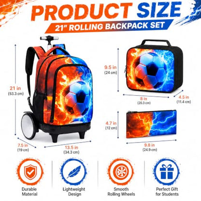 gxtvo Large Wheels & Quiet Glide | Rolling Backpack for Kids - Water-Resistant Wheeled Bag with Lunch Box for School, Travel & Outings - Fire & Lightning Soccer - color: Rolling Backpack Fire Lightning Soccer