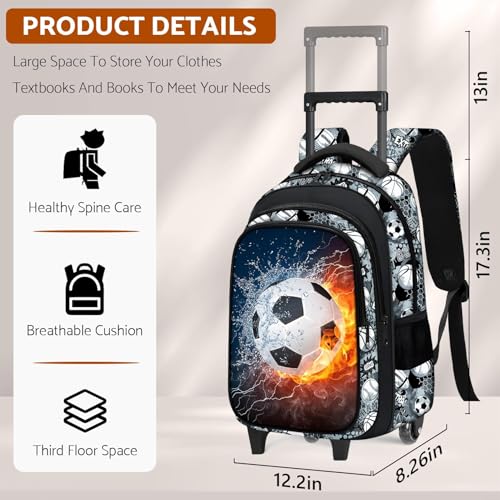 Boys Rolling Backpack for Kids - Soccer Kids Rolling Backpack with Wheels for Elementary Middle School Students - Sport Roller School Bookbag Aged 6-18, Wheeled Travel Bag Large Capacity - color: Soccer-001-backpack Only