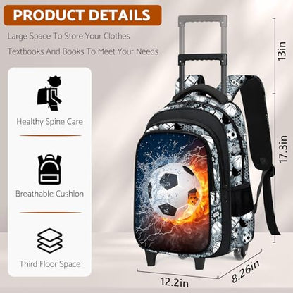 Boys Rolling Backpack for Kids - Soccer Kids Rolling Backpack with Wheels for Elementary Middle School Students - Sport Roller School Bookbag Aged 6-18, Wheeled Travel Bag Large Capacity - color: Soccer-001-backpack Only