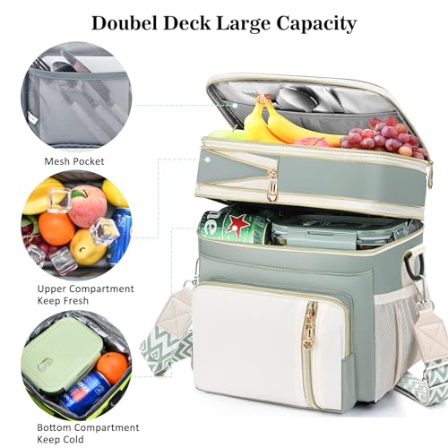 LOKASS Lunch Box & Lunch Bag for Women Men Double Deck,Large Insulated Adult Lunch Box Leakproof Lunchbox Cooler Bag for Work Picnic Beach,（Olive Green16L） - color: Olive Green