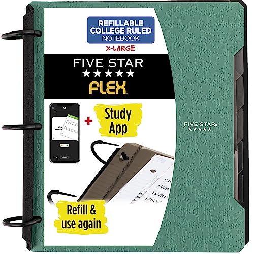 Five Star Flex Refillable Notebook + Study App, College Ruled Paper, 1-1/2 Inch TechLock Rings, Pockets, Tabs and Dividers, 300 Sheet Capacity, Color Will Vary (29328)