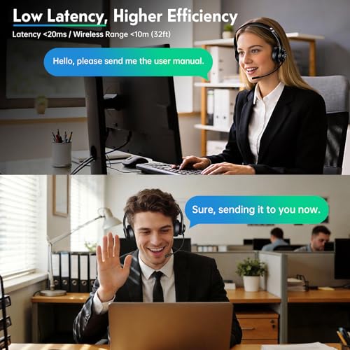 Wireless Headset with Mic for Work, Dual-Mode Bluetooth & 2.4GHz Dongle, 50H Talk Time, Headphone with mic ENC Noise Cancelling fit for Teams/Zoom, Glasses-Friendly - color: Black