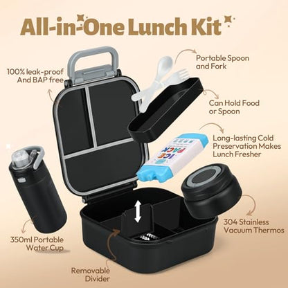 Itslife Bento Box for Kids Set, Insulated Food Container,Kids Lunch Box, 7 oz Thermos for Hot Food, 12 oz Thermos Water Bottle, Reusable Insulated Ice Bag & Fork Spoon Utensils Camping Travel Black - color: Black