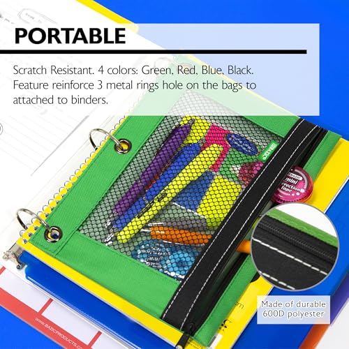 BAZIC PRODUCTS 3-Ring Pencil Pouch with Clear Mesh Window, 4-Set | clear mesh window and a zipper closure for pens, pencils, supplies - size: 4 Count (Pack of 1)