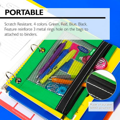 BAZIC PRODUCTS 3-Ring Pencil Pouch with Clear Mesh Window, 4-Set | clear mesh window and a zipper closure for pens, pencils, supplies - size: 4 Count (Pack of 1)