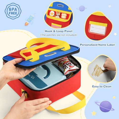 REDSHELL Lunch Box Kids, Large Insulated Lunch Bag for Boys Girls, Red Blue | Tactical Style, Cooler Lunchbag, Square Toddler Lunchbox, School & Daycare, Lunch Tote, Water Bottle Holder, Adjustable Strap - color: Red & Blue