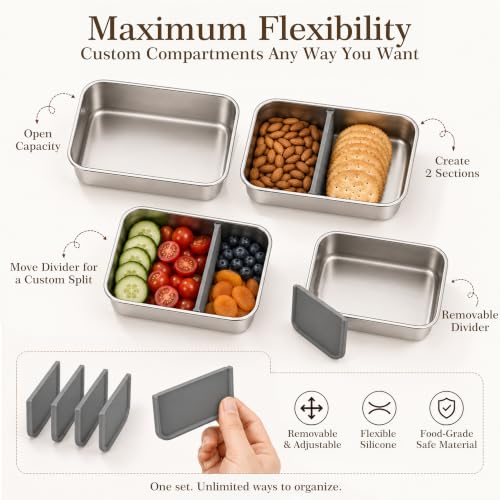 Snackle Box Container with Ice Pack, 304 Stainless Steel Snackle Box Set | 7-piece set, stainless steel, ice pack, insulated bag, fork & spoon, customizable divider system, flexible configuration