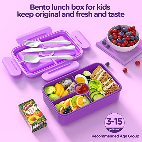 Jelife Lunch Box Kids Bento Box - Large Bento-Style Leakproof 4 Compartments Kids Lunchbox Food Containers with Utensils for Back to School, Reusable On-the-Go Meal and Snack Packing, Purple - color: 1100ml-Purple