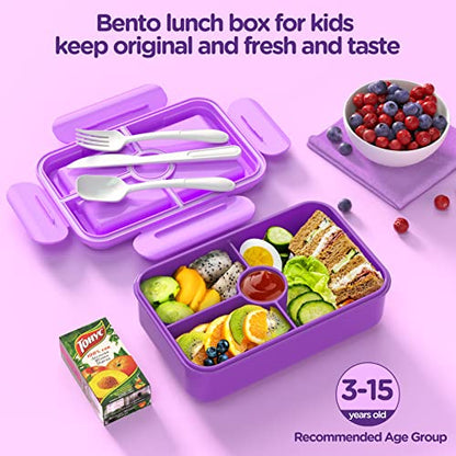 Jelife Lunch Box Kids Bento Box - Large Bento-Style Leakproof 4 Compartments Kids Lunchbox Food Containers with Utensils for Back to School, Reusable On-the-Go Meal and Snack Packing, Purple - color: 1100ml-Purple