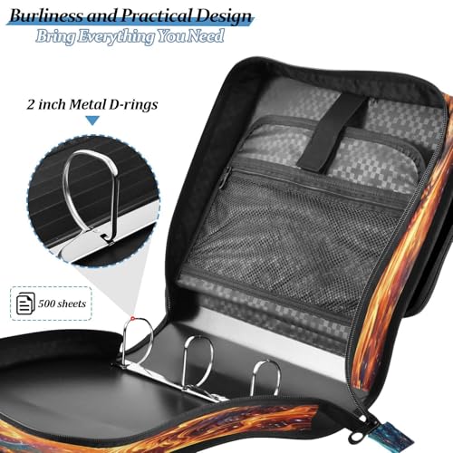 Blue Orange Flame Space Wolf 3 D-Ring 2 inch Zipper Binder Bag with Shoulder Strap, Multi-Pocket Portfolio Organizer Case for 13 Inch Laptop Middle School