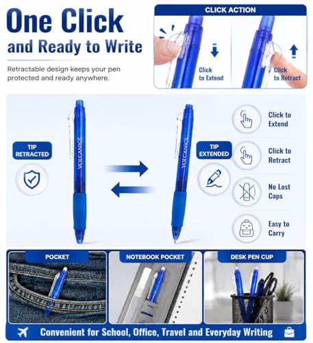 Volcanics Retractable Clicker Erasable Gel Pens, Blue Ink, 0.7mm, 12 Pack | Gel Ink Pens Erasable With Built-In Eraser, Smooth Writing For School, Office, Journaling, Note Taking And Daily Use - color: Blue