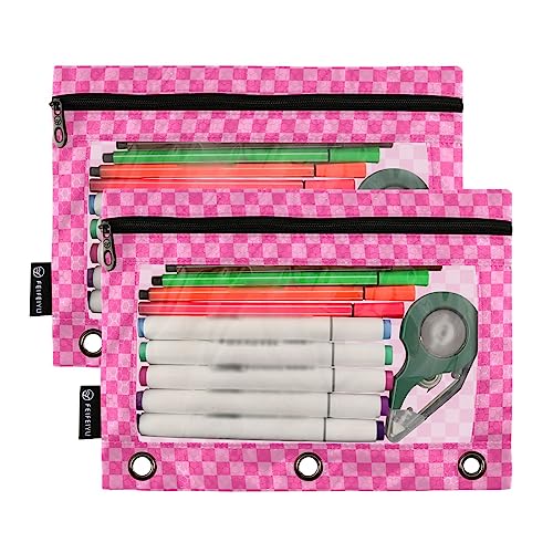 Pink Checkered Pencil Pouch for 3 Ring Binder 2 Pack Binder Pencil Pouches Zippered Clear Pencil Case Cosmetic Bag for Home Office College Supplies - color: 23-pink