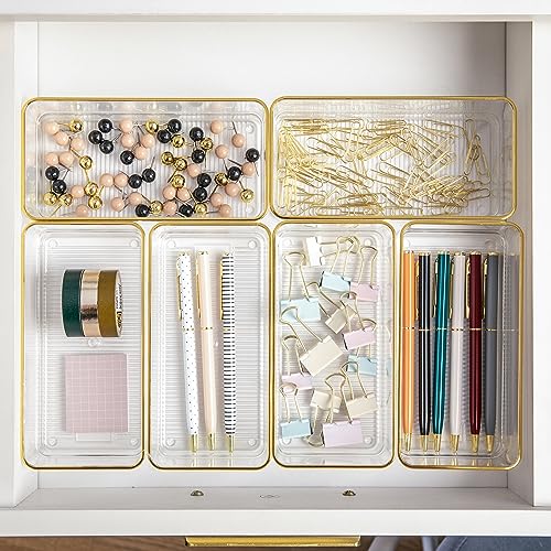 Martha Stewart Kerry Plastic Stackable Office Desk Drawer Organizers, 6" x 3", 6 Pack, with Gold Trim - size: 6" x 3"