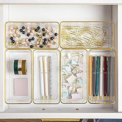 Martha Stewart Kerry Plastic Stackable Office Desk Drawer Organizers, 6" x 3", 6 Pack, with Gold Trim - size: 6" x 3"