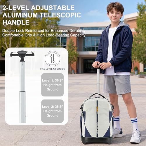 NEW TILAMI 18 Inch Expandable Rolling Backpack with 6-Wheel Stair Climbing, Waterproof Wheeled School Bag with 15.6" Laptop Sleeve for Boys Girls, Carry-on Luggage 98cm Dual-Height Handle - White - color: White