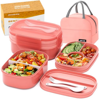 RIKDOKEN Bento Lunch Box, Stackable 2 Layers Containers with Compartments, Portable 64OZ Large Capacity Leakproof Bento Box with Spoon & Fork & Lunch Bag, Microwave Safe Lunch Box for Kids and Adults - color: Pink
