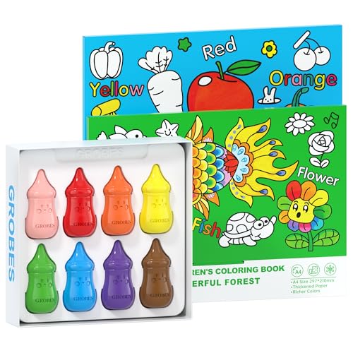 3-in-1 Crayons Themed Set,8 Colors Baby Crayons for Toddlers 1-3, with Two A4 thickened coloring books(FRUITS VEGETABLES+WONDERFUL FOREST), 200+ Elements to Discover & Color - color: 8 Colors+Two A4 thickened coloring books