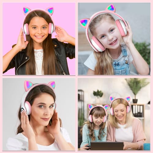 Bluetooth Noise Cancelling Headphones for Kids,Foldable Cat Headphone with LED Light Up Ear,Cat Ear Headphones for Toddler with Microphone/TF Card,Kids Bluetooth Earphones for ipad - color: Pink
