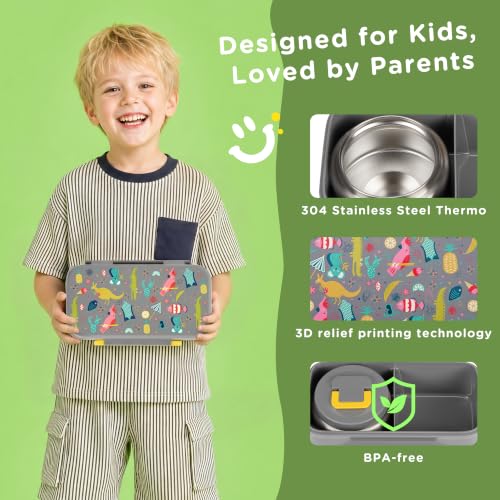 Bento Lunch Box for Kids With 8oz Food Thermo,BPA-Free for School | Lunch Container with 2 Compartments, Insulated Food Jar, Dishwasher Safe, Easy to Clean, Lunch Box for Girls Boys - color: Gray kangaroo1