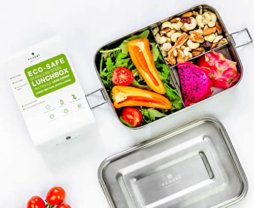 ecozoi Stainless Steel Bento Lunch Box for Adults & Kids, 3 Compartment Leak Proof 50 Oz Medium, BPA-Free Silicone Seal, Dishwasher Safe, Eco-Friendly & Plastic-Free Lunch Container for School & Work - size: 3 Compartment 50 Oz