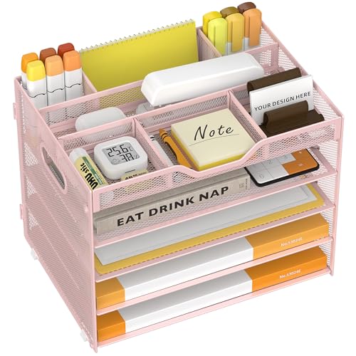 5 Tier Paper Letter Tray with 3 Drop-in Pen Holders, Mesh Desk File Organizer with Handle, Desk Organizers and Accessories for School,Home, Office Supplies Storage-Pink - color: 5 Tier-Pink, size: 12.5" x 9.1" x 10.3"