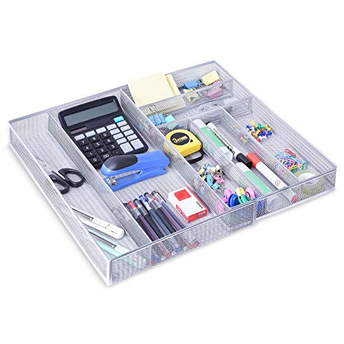 WuGeShop Expandable Office Drawer Organizer, 6 to 7 Compartments Adjustable Mesh Desk Drawer Organizer, Good Desk Organizer for Office Supplies and Art Supplies - color: Silver-7 Compartments