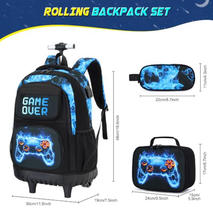 Scothen 3PCS Rolling Backpack for Boys, Cool Gamer Roller Backpack with Wheels, Kids Boy Wheeled Backpacks with Lunch Bag Pencil Case for Teens Bookbag Kindergarten Elementary Middle School - color: Blue Flame