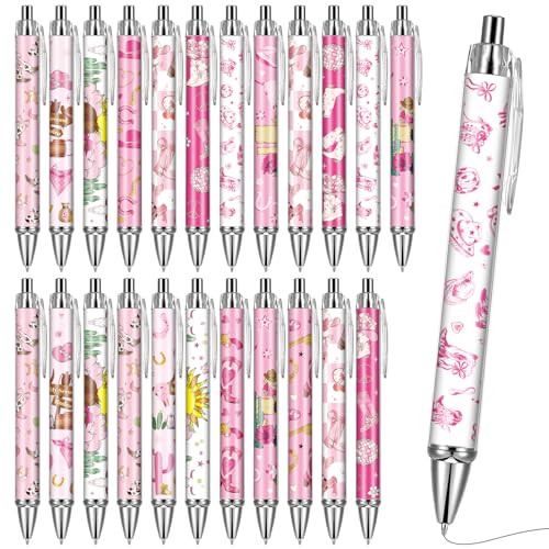 Cowgirl Pink Ballpoint Pens - 24 Pcs Retractable Western Style Girls Gifts Colorful Writing Smooth Cow Pattern Black Ink Ball Point Pen Office Supplies Party Favors for Christmas Graduation - style: Cowgirl