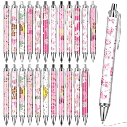 Cowgirl Pink Ballpoint Pens - 24 Pcs Retractable Western Style Girls Gifts Colorful Writing Smooth Cow Pattern Black Ink Ball Point Pen Office Supplies Party Favors for Christmas Graduation - style: Cowgirl