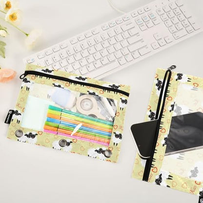 ZAZYXTJ Cute Sheep Binder Pencil Pouchs 3 Ring with Zipper Clear Window Office Organizers bag for School Students Teacher Supplies 2 Pack - color: Sheep