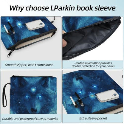 Padded Book Sleeve with Zipper & Front Pocket, Fabric Book Cover | Mystic Blue Wolf Glowing11.4"x8.7" Washable Canvas Pouch for Hardcovers, Tablets & Reading Accessories - color: Mystic Blue Wolf Glowing