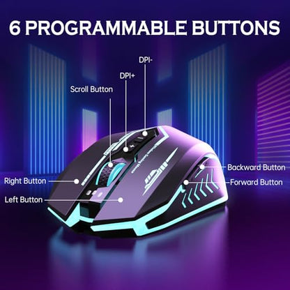 UHURU Wireless Gaming Mouse Up to 12000 DPI, Rechargeable USB-C Wireless Mouse with 7 Buttons 7 Dynamic LED Color Ergonomic Programmable MMO RPG for PC Laptop, Compatible with Windows Mac - color: Black
