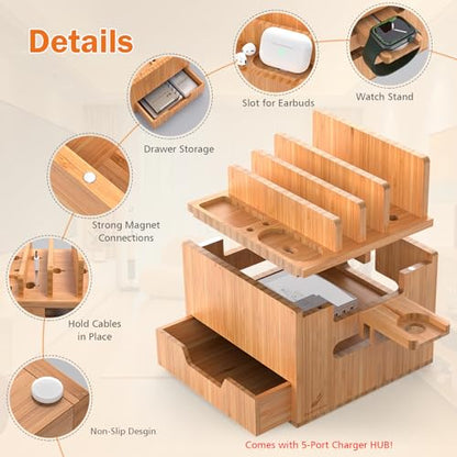 Pezin & Hulin Multi Device Charging Station, with Charger HUB Adapter, All in One Large Dock Organizer with Drawer Storage, Compatible with Phones, Tablets, Earbuds (5 Mixed Cables Included) - color: #2 (With Charger)