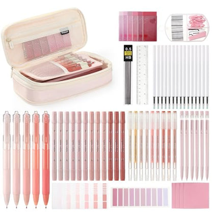 Eersida 74 Pcs Aesthetic School Supplies with Large Pencil Pouch 5 Ink Gel Pens 12 Highlighters 6 Mechanical Pencils 0.5mm 9 Color Pens 4 Note Pads Set for Student Stationary(Pink,Cute Style) - color: Pink, style: Cute Style