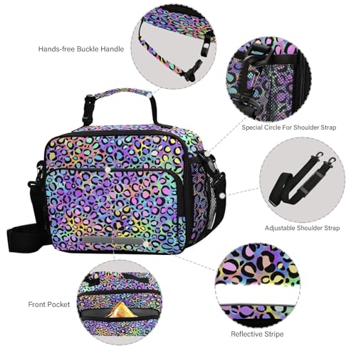 MNSRUU Student Lunch Bag Rainbow Leopard Insulated Lunch Totes Picnic Bag Lunch Box with Adjustable Shoulder Strap for Teen Kids Adults - color: Leopard 01