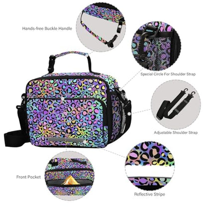MNSRUU Student Lunch Bag Rainbow Leopard Insulated Lunch Totes Picnic Bag Lunch Box with Adjustable Shoulder Strap for Teen Kids Adults - color: Leopard 01