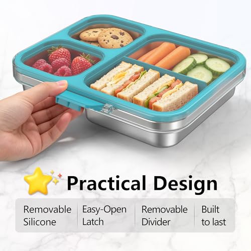 HOMEKOL Stainless Steel Bento Lunch Box 3-Compartment, 4.2Cups, Blue | Leak-Proof Metal Lunch Container for Kids & Adults, BPA-Free, Dishwasher Safe, Clear Tritan Lid, 1000ml (Not Insulated) - color: Blue, size: 34oz (1000ml)