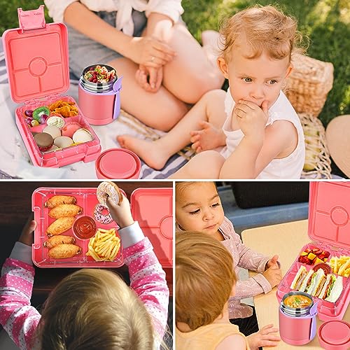 Bento Lunch Box Set for Kids with 10oz Soup Thermo, Leak-Proof Lunch Containers with 4 Compartment, Kids Thermo Hot Food Jar and Insulated Lunch Bag for Kid to School,BPA-Free(Pink) - color: Pink