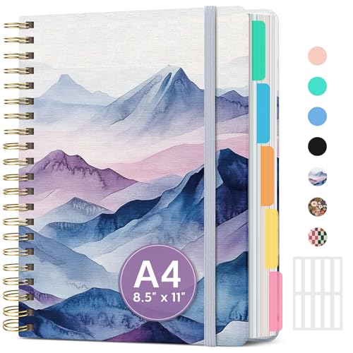 Large Spiral Lined Notebooks for Work with Removable Dividers & Tabs, 8.5"x11" Pretty Hardcover 5 Subject Notebook Journal for Women, College Ruled, Perfect for Study & Office Organization, 280 Pages,Distant Peaks - color: Q - Distant Peaks