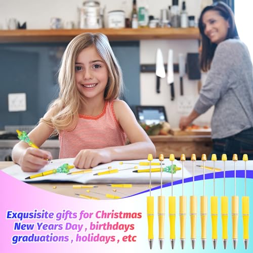 300 Pieces DIY Beadable Pens Kit - 100 plastic Beadable Pens Bulk, Refills & pen bags Included - Beaded Pens Black Ink Ballpoint Cute Pens for Students Teacher（Yellow+Golden） - color: Yellow, size: 100