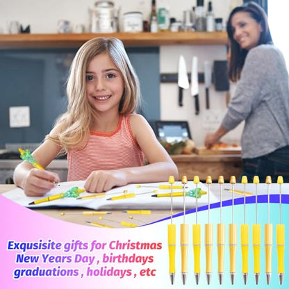 300 Pieces DIY Beadable Pens Kit - 100 plastic Beadable Pens Bulk, Refills & pen bags Included - Beaded Pens Black Ink Ballpoint Cute Pens for Students Teacher（Yellow+Golden） - color: Yellow, size: 100