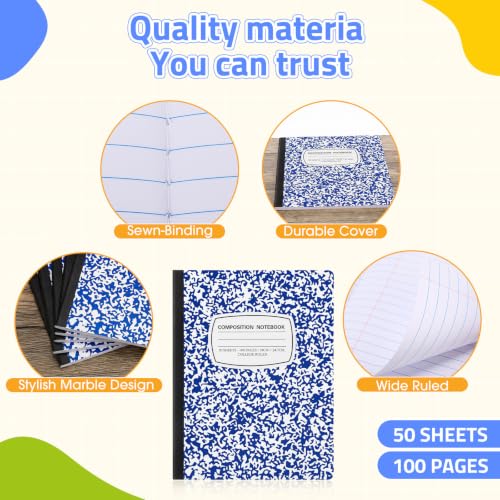Fainne 100 Pack College Ruled Composition Notebooks B5 Composition Book Bulk 7.5 x 9.8 Inch 50 Sheets/ 100 Pages Marble Cover Journal Notebooks for College Office Back to School Supplies(Blue) - color: Blue
