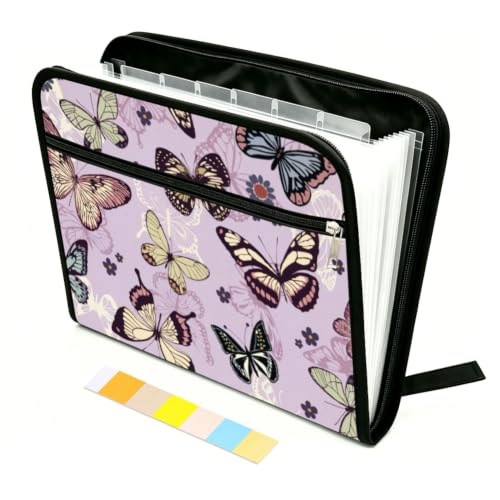 WEBEEDY Butterflies Flowers Expanding File Folder 13 Pockets Portable Accordion File Organizer with 12 Color Labels and Zipper, Expandable Files Folder for Document Photo Letter Receipt, A4 Size