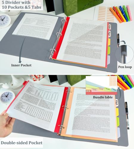 3 Ring Binder 1 Inch, Leather Binders with Clipboards, with 10 Pocket Divider(Grey, Letter Size) - color: Grey